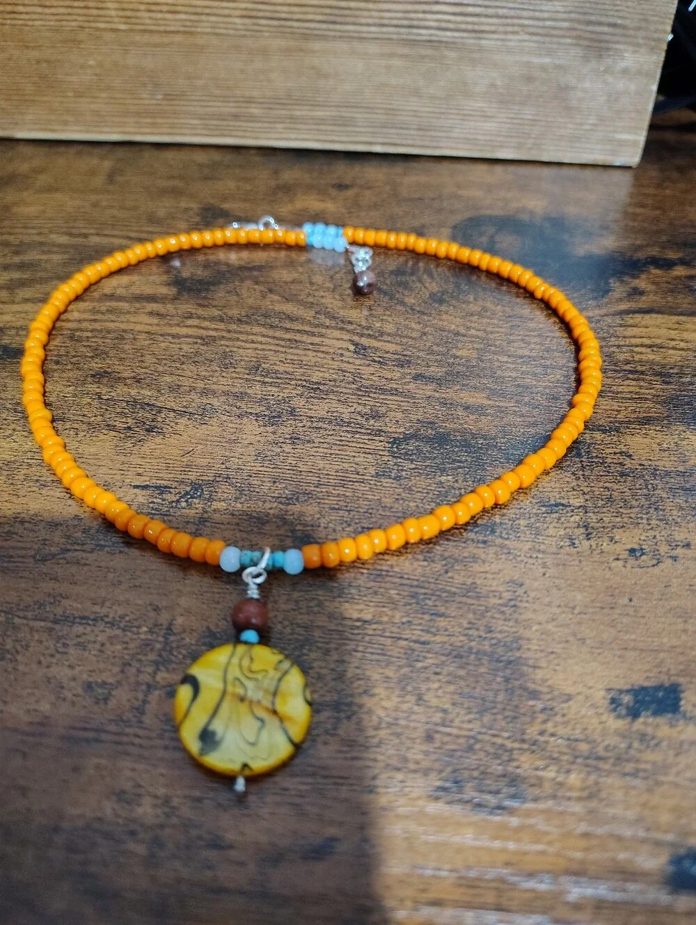 Orange Beaded Necklace with Yellow Pendant - Women's Handmade Necklace